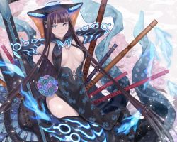 Rule 34 | 1girl, bare shoulders, black dress, black gloves, black headwear, black thighhighs, blue eyes, blue fire, blunt bangs, breasts, center opening, closed mouth, dress, elbow gloves, fate/grand order, fate (series), fire, fish, floral print, flute, gloves, hair ornament, halo, highres, instrument, large breasts, leaf hair ornament, long hair, looking at viewer, pipa (instrument), purple hair, sash, smile, solo, thighhighs, thighs, very long hair, yang guifei (fate), yang guifei (third ascension) (fate), zassounabe