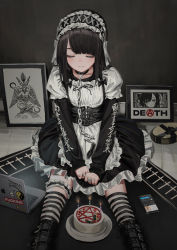 Rule 34 | 1girl, absurdres, baphomet, belt boots, boots, cake, candle, cellphone, chain, chain leash, closed eyes, collar, computer, cross, cross-laced footwear, english text, final fantasy, final fantasy x, food, gishiki (gshk), gothic lolita, headdress, highres, knee boots, lace-up boots, laptop, leash, lolita fashion, occult, original, pentagram, phone, profanity, smartphone, solo, thighhighs, translation request