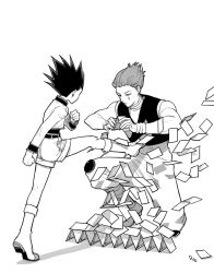 Rule 34 | 2boys, absurdres, card, expressionless, gon freecss, greyscale, highres, hisoka morow, holding, holding card, house of cards, hunter x hunter, kicking, likeu 99, male focus, monochrome, multiple boys, on one knee, prank