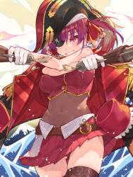 Rule 34 | 1girl, anchor symbol, antique firearm, belt, blush, breasts, covered navel, dual wielding, epaulettes, eyepatch, firearm, firelock, flintlock, gluteal fold, grin, gun, hat, highres, holding, holding gun, holding weapon, hololive, houshou marine, houshou marine (1st costume), jacket, miniskirt, pirate hat, pleated skirt, red eyes, red hair, red jacket, red skirt, skirt, smile, solo, thighhighs, thighs, twintails, virtual youtuber, waterring, weapon