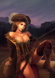 Rule 34 | 1girl, bare shoulders, blz, boots, breasts, brown hair, cleavage, corset, green eyes, hat, highres, large breasts, lips, long hair, looking at viewer, original, panties, pirate, sitting, smile, solo, thighhighs, treasure chest, tricorne, underwear