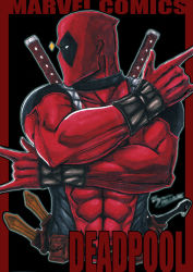 Rule 34 | 1boy, abs, character name, copyright name, dated, deadpool, deadpool (series), double m/, impossible clothes, katana, m/, male focus, marvel, mask, muscular, signature, solo, superhero costume, sword, traditional media, tryvor, upper body, w, weapon