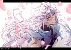 Rule 34 | 1boy, arms at sides, artist name, black border, black shirt, blurry, blurry foreground, border, closed mouth, dissolving, dissolving clothes, earrings, fate/grand order, fate (series), floating hair, floral dissolve, flower, flower earrings, hair between eyes, jewelry, letterboxed, long hair, looking at viewer, male focus, merlin (fate), nekohanemocha, outside border, petals, pink flower, purple eyes, robe, shirt, simple background, skin tight, smile, solo, turtleneck, twitter username, upper body, very long hair, white background, white hair, white robe