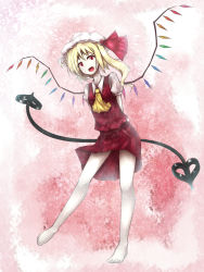 Rule 34 | 1girl, arms behind back, ascot, bad id, bad pixiv id, barefoot, blonde hair, bow, dress, flandre scarlet, hat, laevatein, looking at viewer, open mouth, red eyes, short hair, side ponytail, skirt, solo, touhou, vest, weapon, wings, yuxyon