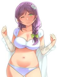 Rule 34 | 1girl, ;), blush, braid, breasts, cleavage, closed mouth, duke (inu daimyou), flower, green eyes, hair flower, hair ornament, large breasts, long hair, looking at viewer, love live!, love live! school idol project, navel, one eye closed, purple hair, simple background, single braid, smile, solo, tojo nozomi, white background