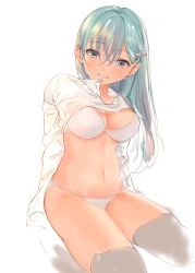 Rule 34 | 1girl, aqua hair, bad id, bad twitter id, blue eyes, blush, bra, breasts, cleavage, clothes lift, collared shirt, commentary, hair ornament, hairclip, highres, kantai collection, large breasts, long hair, looking at viewer, navel, panties, parted lips, shirt, shirt lift, sidelocks, simple background, smile, solo, stomach, suzuya (kancolle), thighhighs, ume (plumblossom), underwear, white background, white bra, white panties, white thighhighs