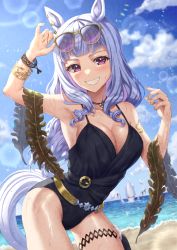 Rule 34 | 1girl, absurdres, animal ears, bangle, black one-piece swimsuit, bracelet, breasts, cleavage, eyewear on head, gold nails, gold ship (run revolt launcher) (umamusume), gold ship (umamusume), grey hair, highres, horse ears, horse girl, horse tail, jewelry, large breasts, looking at viewer, nail polish, necklace, ocean, octopus, official alternate costume, one-piece swimsuit, purple eyes, rachel (ry-0820-love-asmjgtk02), seaweed, smile, solo, sunglasses, swimsuit, tail, teeth, thigh strap, umamusume