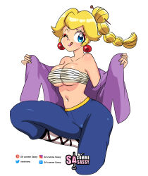 Rule 34 | 1girl, :d, absurdres, artist name, bare shoulders, blonde hair, blue eyes, blue pants, braid, braided ponytail, breasts, chinese clothes, collarbone, cowboy shot, highres, kung fu peach, large breasts, lips, long hair, looking at viewer, mario (series), navel, nintendo, one eye closed, open clothes, open mouth, pants, patreon username, princess peach, princess peach: showtime!, sasa tseng, simple background, smile, solo, standing, standing on one leg, tongue, tongue out, twitter username, undressing, white background, wink