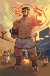 Rule 34 | 1boy, abs, alca (wakatanka4), american football, american football (object), american football uniform, animal ears, ball, bara, beard, black hair, bulge, character doll, commission, extra ears, facial hair, field, flaming hand, gyee, highres, large pectorals, lion boy, lion ears, lion tail, male focus, mature male, muscular, muscular male, navel, nipples, original, pectorals, shoes, short hair, shorts, sneakers, socks, solo, sportswear, standing, stomach, tail, thick eyebrows, thick thighs, thighs, topless male, undercut, white shorts, zoyu (wuedti)