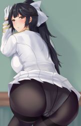 Rule 34 | 1girl, ass, azur lane, black hair, blush, bow, breasts, brown eyes, commentary request, gachou, gloves, hair bow, hip focus, jacket, large breasts, long hair, looking at viewer, looking back, military, military jacket, military uniform, miniskirt, panties, panties under pantyhose, pantyhose, pleated skirt, ponytail, shirt, skirt, solo, takao (azur lane), thighband pantyhose, underwear, uniform, white bow, white gloves, white jacket, white shirt