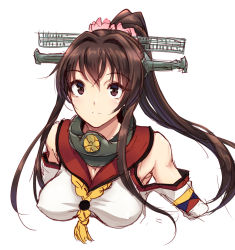 Rule 34 | 1girl, aya shachou, blush, breasts, brown eyes, brown hair, cherry blossoms, detached sleeves, flower, hair flower, hair ornament, kantai collection, large breasts, long hair, looking at viewer, ponytail, sketch, smile, solo, very long hair, yamato (kancolle)