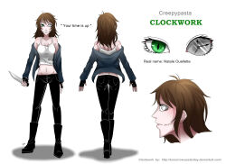 Rule 34 | 1girl, black jacket, black pants, boots, breasts, brown hair, character sheet, clockwork (creepypasta), creepypasta, delucat, english text, facing away, facing viewer, full body, gloves, green eyes, highres, holding, holding knife, hood, hoodie, jacket, knife, long hair, medium breasts, messy hair, open clothes, open hoodie, open jacket, pants, shadow, simple background, stitched mouth, stitches, tank top, tight clothes, tight pants, white background, white tank top