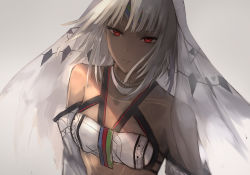 Rule 34 | 10s, 1girl, altera (fate), bare shoulders, dark skin, dark-skinned female, detached sleeves, fate/extella, fate/extra, fate (series), flat chest, jewelry, kachiino, medium hair, necklace, red eyes, short hair, solo, veil, white hair