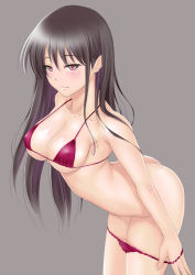 Rule 34 | 1girl, arched back, ass, bikini, bikini pull, black hair, blush, breasts, brown eyes, brown hair, butt crack, clothes pull, collarbone, cowboy shot, large breasts, long hair, muffin (sirumeria), naughty face, original, simple background, solo, swimsuit