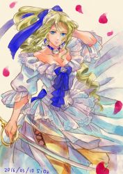 Rule 34 | 1girl, blonde hair, blue eyes, breasts, celes chere, cleavage, commentary request, dress, drill hair, final fantasy, final fantasy vi, long hair, looking at viewer, medium breasts, sio2 (nisankakeiso), smile, solo