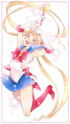 Rule 34 | 1990s (style), 1girl, :d, bishoujo senshi sailor moon, blonde hair, blue dress, blue eyes, blue sailor collar, blue skirt, boots, bow, brooch, choker, double bun, dress, elbow gloves, full body, gloves, hair bun, hair ornament, hairpin, happy, highres, jewelry, knee boots, long hair, magical girl, moon stick, open mouth, outside border, pleated skirt, ran (ran 0605), red bow, retro artstyle, ribbon, sailor collar, sailor moon, skirt, smile, solo, star (symbol), tiara, tsukino usagi, twintails, wand, white background, white gloves