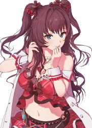 Rule 34 | 10s, 1girl, bare shoulders, belt, blue eyes, bow, breasts, brooch, brown hair, bustier, cleavage, coat, finger to mouth, frills, hair bow, hand in own hair, highres, ichinose shiki, idolmaster, idolmaster cinderella girls, idolmaster cinderella girls starlight stage, jewelry, long hair, looking at viewer, looking to the side, medium breasts, midriff, navel, necklace, off shoulder, pearl necklace, pendant, simple background, skirt, sleeveless, sleeveless coat, smile, solo, twintails, two side up, wavy hair, white background, wrist cuffs, youmak