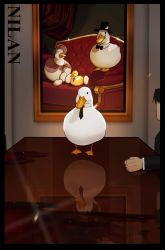Rule 34 | 1boy, alcohol, animal, animal focus, artist name, bird, black border, black headwear, black neckwear, border, bow, commentary, couch, curtains, duck, duckling, egg, formal, hat, hat ribbon, highres, letterboxed, long sleeves, mafiaduck (nilan), monocle, necktie, nilan 1999, original, portrait, reflection, ribbon, sitting, solo focus, standing, suit, top hat, wine, witch hat