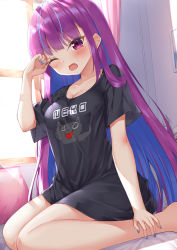Rule 34 | 1girl, alternate costume, alternate hairstyle, bed, black shirt, blouse, blue hair, blush, breasts, cleavage, clothes writing, colored inner hair, commentary request, day, fingernails, highres, hololive, indoors, long hair, looking at viewer, medium breasts, minato aqua, multicolored hair, nail polish, one eye closed, open mouth, purple eyes, purple hair, rong yi tan, seiza, shirt, sitting, solo, very long hair, virtual youtuber, window