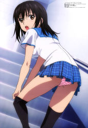Rule 34 | 10s, 1girl, absurdres, black hair, brown eyes, highres, himeragi yukina, imoto yuki, looking back, non-web source, official art, open mouth, panties, school uniform, socks, solo, strike the blood, striped clothes, striped panties, thighhighs, underwear