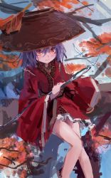 Rule 34 | 1girl, arm at side, bare legs, blush, bob cut, bowl, bowl hat, branch, closed mouth, feet out of frame, hair between eyes, hand up, hat, highres, holding, holding needle, invisible chair, japanese clothes, kimono, knees together feet apart, leaf, long sleeves, looking at viewer, looking up, needle, no lineart, obi, orange eyes, purple hair, red eyes, red kimono, reddizen, sash, sewing needle, short hair, short kimono, sitting, solo, sukuna shinmyoumaru, touhou, wide sleeves