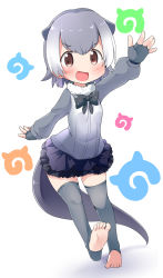 Rule 34 | &gt;:d, 10s, 1girl, :d, alternate costume, animal ears, arm up, blush, bow, bowtie, brown eyes, fingerless gloves, full body, fur collar, gloves, grey gloves, grey hair, grey thighhighs, highres, japari symbol, kemono friends, layered skirt, looking at viewer, makuran, multicolored hair, open mouth, otter ears, otter tail, outstretched arms, short hair, simple background, skirt, small-clawed otter (kemono friends), smile, solo, tail, thighhighs, toeless legwear, toes, v-shaped eyebrows, white hair, zettai ryouiki
