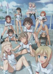 Rule 34 | 6+girls, artist request, ass, black hair, black socks, blonde hair, blue eyes, blue stripes, blush, breasts, brown eyes, brown hair, castle, charlotte e. yeager, closed eyes, closed mouth, eila ilmatar juutilainen, erica hartmann, exercising, eyepatch, francesca lucchini, gertrud barkhorn, glasses, green eyes, green hair, grin, gym shirt, highres, kneehighs, large breasts, light rays, lynette bishop, minna-dietlinde wilcke, miyafuji yoshika, multiple girls, ocean, open mouth, outdoors, panties, parted lips, perrine h. clostermann, ponytail, red eyes, red hair, sakamoto mio, sanya v. litvyak, shirt, short hair, sky, small breasts, smile, socks, source request, spread legs, strike witches, striped clothes, striped panties, sunbeam, sunlight, twintails, underwear, white hair, white legwear, white panties, white shirt, world witches series, yawning, yuri