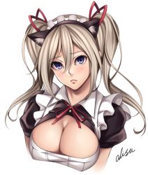 Rule 34 | 10s, 1girl, alisa ilinichina amiella, animal ears, blue eyes, blush, breasts, cat ears, cleavage, cleavage cutout, close-up, clothing cutout, god eater, god eater burst, highres, large breasts, long hair, looking at viewer, maid, maid headdress, silver hair, simple background, solo, twintails, upper body, watanuki kaname, white background