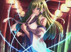 Rule 34 | 1girl, absurdres, bare shoulders, blue eyes, blue skirt, breasts, commentary request, commission, covering own mouth, detached sleeves, eyebrows hidden by hair, fisheye, frog hair ornament, gohei, green hair, hair ornament, hair tubes, highres, holding, holding stick, huge filesize, kochiya sanae, lantern, large breasts, lens flare, light trail, long hair, looking at viewer, md5 mismatch, paper lantern, resolution mismatch, shiranui (wasuresateraito), shirt, sidelocks, skeb commission, skirt, snake hair ornament, solo, source smaller, standing, stick, swept bangs, touhou, upper body, white shirt, wide sleeves