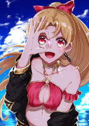 Rule 34 | 1girl, alternate costume, alternate hairstyle, aruti, bikini, black jacket, blonde hair, blue sky, bow, breasts, cloud, collarbone, commentary request, day, earrings, ereshkigal (fate), fate/grand order, fate (series), floating hair, gold trim, hair bow, highres, holding, jacket, jewelry, long hair, looking at viewer, medium breasts, off shoulder, open clothes, open jacket, open mouth, parted bangs, ponytail, red bikini, red bow, red eyes, sky, smile, solo, swimsuit, very long hair, water, wet