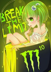 Rule 34 | 1girl, bare shoulders, bucket, english text, finger to mouth, from side, green eyes, green hair, hair bobbles, hair ornament, highres, inon, kisume, long sleeves, looking at viewer, monster energy, off shoulder, open mouth, partially submerged, profile, short hair, sitting, solo, touhou