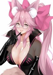 Rule 34 | 1girl, animal ear fluff, animal ears, black bodysuit, blush, bodysuit, bow, breasts, center opening, choker, cleavage, fang, fate/grand order, fate (series), fox ears, fox girl, glasses, hair between eyes, hair bow, highres, koyanskaya (assassin) (first ascension) (fate), koyanskaya (fate), large breasts, long hair, looking at viewer, miya star saa, open mouth, pink bow, pink hair, ponytail, sidelocks, smile, solo, tamamo (fate), yellow eyes