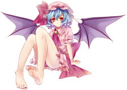 Rule 34 | 1girl, :&lt;, absurdres, arm support, ascot, asoct, bad id, bad pixiv id, bare legs, barefoot, bat wings, blouse, blue hair, blush, bow, breasts, brooch, demon girl, dress, feet, foot focus, frilled shirt, frilled skirt, frills, frown, full body, gradient hair, hat, hat bow, highres, jewelry, kyouda suzuka, legs, lolita fashion, looking at viewer, miniskirt, mob cap, multicolored hair, nail polish, panties, pantyshot, puffy short sleeves, puffy sleeves, purple panties, red eyes, remilia scarlet, sash, shirt, short dress, short hair, short sleeves, simple background, sitting, skirt, skirt set, small breasts, soles, solo, toenail polish, toenails, toes, touhou, underwear, upskirt, white background, wing collar, wings, wristband