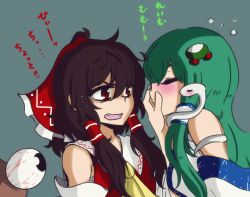 Rule 34 | 2girls, ascot, bare shoulders, blush, brown hair, bubble, closed eyes, covering another&#039;s mouth, detached sleeves, drunk, fang, fangs, frog hair ornament, green hair, grey background, hair ornament, hair ribbon, hair tubes, hakurei reimu, hand over another&#039;s mouth, imminent kiss, kochiya sanae, long hair, multiple girls, pyonta, red eyes, ribbon, snake hair ornament, squeans, touhou, translated, veins, wavy mouth, xkaishaku, yuri