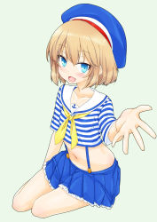 Rule 34 | 10s, 1girl, anchor symbol, bad id, bad pixiv id, blonde hair, blue eyes, blue hat, blue shirt, blue skirt, casual, commentary request, crop top, fang, foreshortening, frilled skirt, frills, full body, girls und panzer, green background, hat, highres, itou ayachi, katyusha (girls und panzer), looking at viewer, miniskirt, navel, neckerchief, open mouth, pleated skirt, reaching, reaching towards viewer, sailor, sailor collar, shirt, short hair, short sleeves, simple background, sitting, skirt, smile, solo, striped clothes, striped shirt, suspender skirt, suspenders, yellow neckerchief, yokozuwari