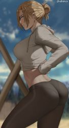 Rule 34 | 1girl, annie leonhart, arm behind back, ass, back, blonde hair, blue eyes, blush, breasts, closed mouth, cloud, cloudy sky, highres, large breasts, oroborus, shingeki no kyojin, short hair, sky, tagme, thighs