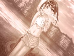 Rule 34 | 1girl, arm behind back, bare shoulders, bubuzuke, closed mouth, cloud, cloudy sky, grass, greyscale, lamia, long hair, looking at viewer, mamonomusume to no seikatsu, mamonomusume to no seikatsu ~ramia no baai~, midriff, monochrome, monster girl, mountainous horizon, navel, river, sky, snake tail, solo, straight-on, tail, water