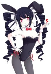 Rule 34 | 10s, 1girl, animal ears, bare shoulders, bell, bell earrings, big hair, black hair, breasts, celestia ludenberg, claw ring, cleavage, contrapposto, cuffs, danganronpa: trigger happy havoc, danganronpa (series), detached collar, drill hair, earrings, fake animal ears, hand on own hip, heart, jewelry, long hair, pantyhose, playboy bunny, rabbit ears, red eyes, rori (lovesick bomb), smile, standing