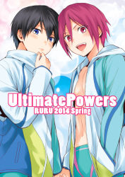 Rule 34 | 10s, 2boys, black hair, blue eyes, child, fang, free!, holding hands, high speed!, jacket, male focus, multiple boys, nanase haruka (free!), open mouth, red eyes, red hair, ruru (ultimatepowers.info.), short hair, smile, track jacket, aged down