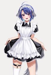 Rule 34 | 1girl, :d, akira (jitsuimo), animal ears, apron, blue hair, blush, breasts, chigusa minori, corrupted twitter file, dog ears, dog tail, dress, fake animal ears, frills, hair ornament, highres, jitsu wa imouto deshita., looking at viewer, maid, maid apron, maid headdress, open mouth, puffy sleeves, short hair, single thighhigh, skirt, skirt hold, small breasts, smile, solo, tail, thigh strap, thighhighs, waist apron