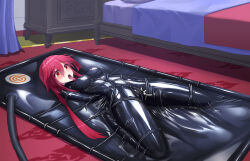 Rule 34 | 1girl, absurdres, arms behind back, bdsm, blush, bondage, bound, bound arms, bound legs, breasts, commission, folded, highres, latex, long hair, maoge, medium breasts, neptune (series), object insertion, red eyes, red hair, restrained, solo, tennouboshi uzume, tongue, tongue out, vacuum bed, vaginal, vaginal object insertion