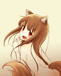 Rule 34 | 00s, 1girl, animal ears, ass, brown hair, completely nude, fang, holo, nude, red eyes, solo, soszoz, spice and wolf, tail, wolf ears, wolf tail