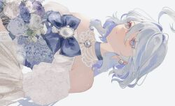 Rule 34 | 1girl, alternate costume, bare shoulders, bead necklace, beads, black choker, blue eyes, blue flower, blue hair, blue rose, bouquet, bow, brooch, choker, closed mouth, colored inner hair, cowlick, detached sleeves, dress, drop-shaped pupils, earrings, film grain, flower, furina (genshin impact), genshin impact, grey hair, highres, holding, holding bouquet, jewelry, juliet sleeves, large bow, light particles, long sleeves, looking to the side, multicolored hair, necklace, omochichi96, puffy sleeves, purple flower, purple rose, rose, sideways, solo, strapless, strapless dress, symbol-shaped pupils, white background, white dress, white flower, white gemstone, white rose