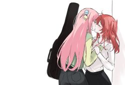 Rule 34 | 2girls, black pants, black skirt, blush, bocchi the rock!, commentary request, gotoh hitori, green shirt, guitar case, hand on another&#039;s shoulder, highres, instrument case, kiss, kita ikuyo, multicolored clothes, multiple girls, pants, pink hair, puhen, red hair, shirt, skirt, sweat, white shirt, yuri