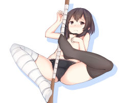 Rule 34 | 1girl, asymmetrical legwear, bandaged leg, bandages, black choker, black panties, black thighhighs, blush, breasts, brown eyes, brown hair, choker, covering privates, covering breasts, drop shadow, embarrassed, feet on toy, holding with feet, frilled panties, frills, frown, hair between eyes, holding, holding staff, huan (hao7551789), kono subarashii sekai ni shukufuku wo!, looking at viewer, lying, megumin, nose blush, on back, panties, short hair, short hair with long locks, simple background, small breasts, solo, staff, thighhighs, topless, underwear, uneven legwear, white background