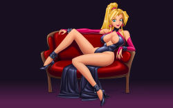 Rule 34 | 1girl, blonde hair, breasts, bridal gauntlets, cleavage, couch, dress, drew gardner, earrings, green eyes, high heels, highres, jewelry, legs, lips, long hair, looking at viewer, nail polish, ponytail, sitting, sofia, solo, toushinden