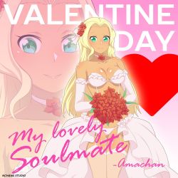Rule 34 | 1girl, amachan, blonde hair, bouquet, breasts, bridal gauntlets, bride, challengia, dark skin, dark-skinned female, dress, flower, gloves, green eyes, hair ornament, heart, holding, holding bouquet, jewelry, large breasts, lingerie, long hair, looking at viewer, nchans, nchans style, necklace, official art, panties, simple background, smile, text focus, underwear, wedding, wedding dress