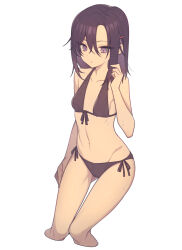 Rule 34 | 1girl, bikini, black bikini, black hair, breasts, commentary request, cropped legs, everyntrge, expressionless, front-tie bikini top, front-tie top, grey eyes, hair between eyes, hair ornament, hairclip, looking down, medium hair, navel, original, side-tie bikini bottom, simple background, sitting, small breasts, solo, swimsuit, wet, white background