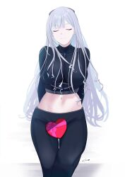 Rule 34 | 1girl, absurdres, ak-12 (girls&#039; frontline), arms behind back, black pants, box, breasts, closed eyes, closed mouth, cowboy shot, gift, gift box, gincho, girls&#039; frontline, grey hair, heart-shaped box, highres, large breasts, long hair, midriff, navel, pants, pink ribbon, ribbon, smile, solo, straight-on