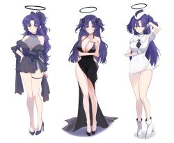Rule 34 | 1girl, absurdres, alternate costume, ash (cat7evy), black dress, blue archive, blue eyes, breasts, dress, full body, halo, hand on own hip, highres, large breasts, long hair, multiple views, necktie, off shoulder, open mouth, purple eyes, purple hair, two side up, utnapishtim operator uniform (blue archive), white background, yuuka (blue archive)